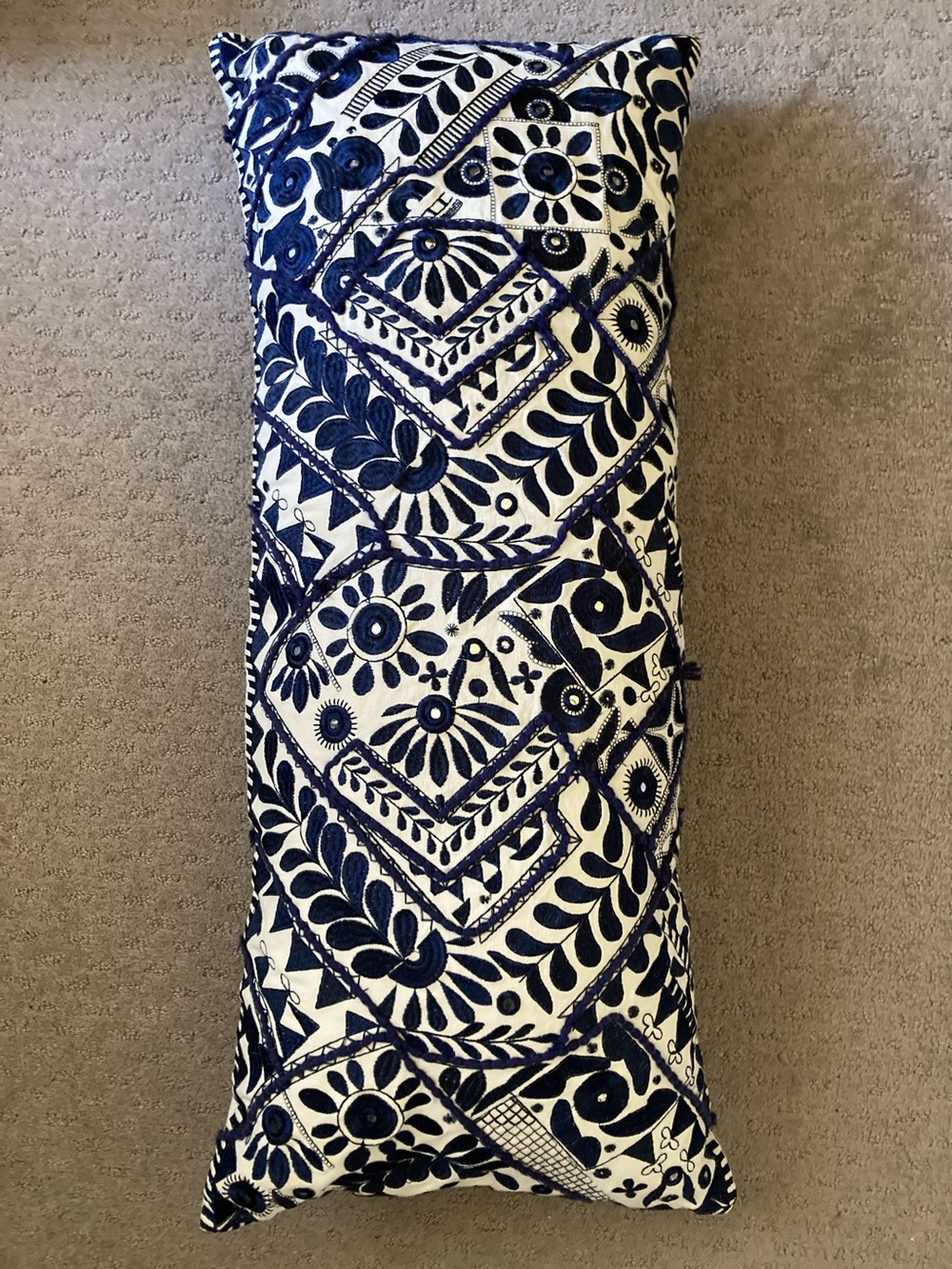Home Goods blue embroidered pillow, 12" x 30".